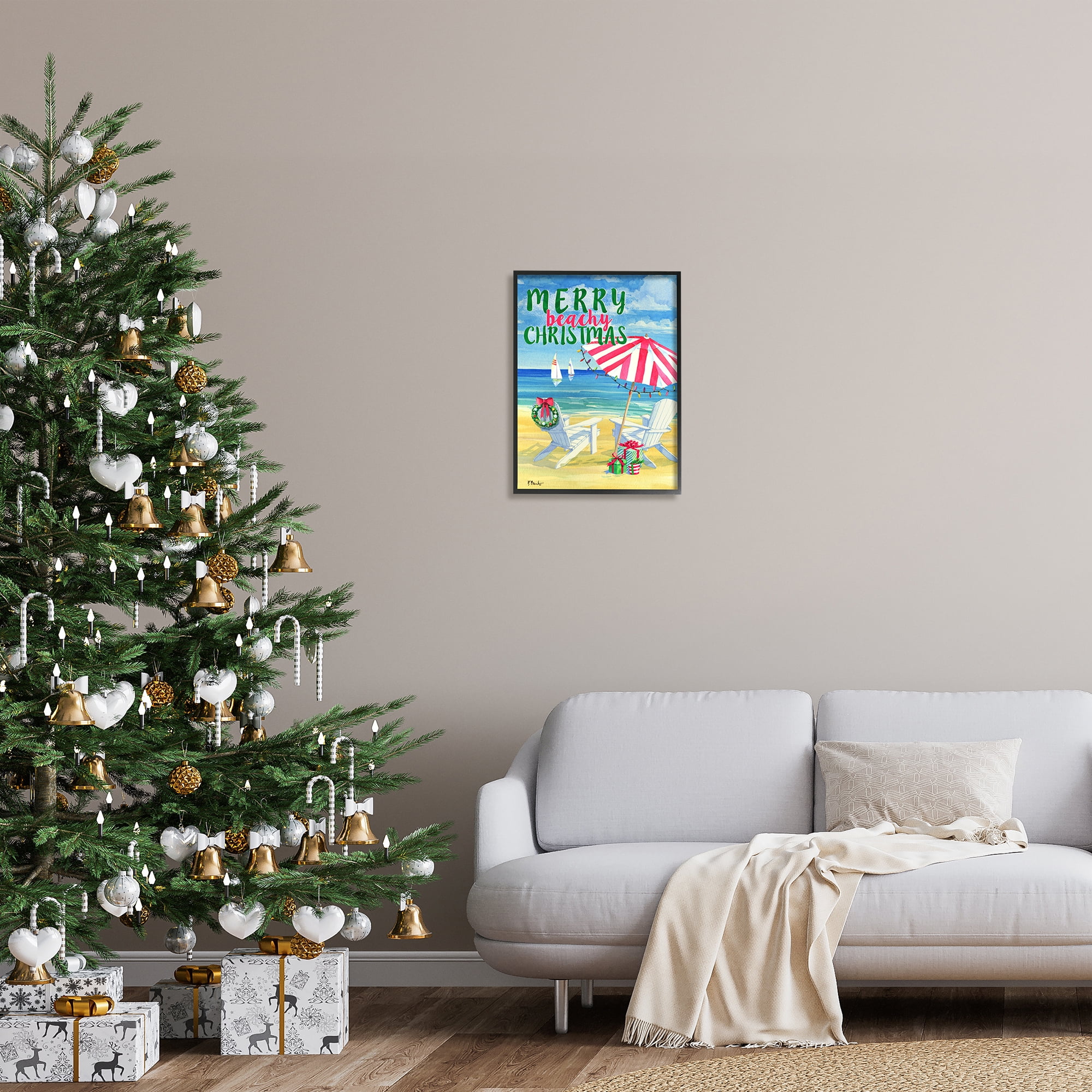 Stupell Industries Merry Beachy Christmas Holiday Painting Black Framed Art Print Wall Art, 16 x 20
