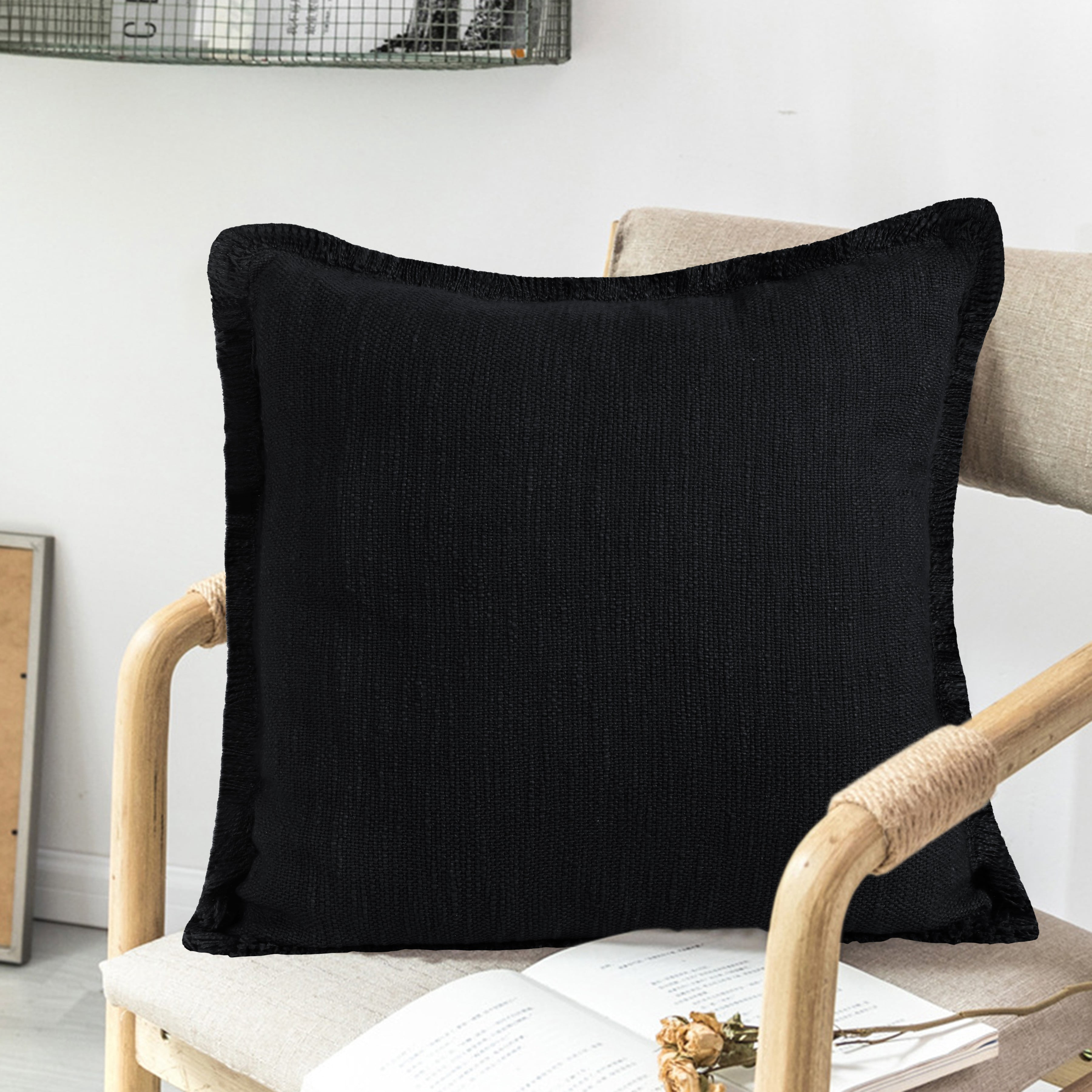 Ox Bay Bennett 20" x 20" Black Solid Fringed Cotton Adult Decorative Throw Pillow Cover