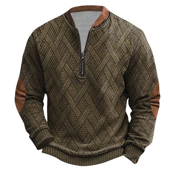 Miluxas Long Sleeve Shirts for Men Vintage 3D Print Quarter Zip Pullover Relaxed Fit Stand Collar Cable Knit Polo Shirt Khaki
