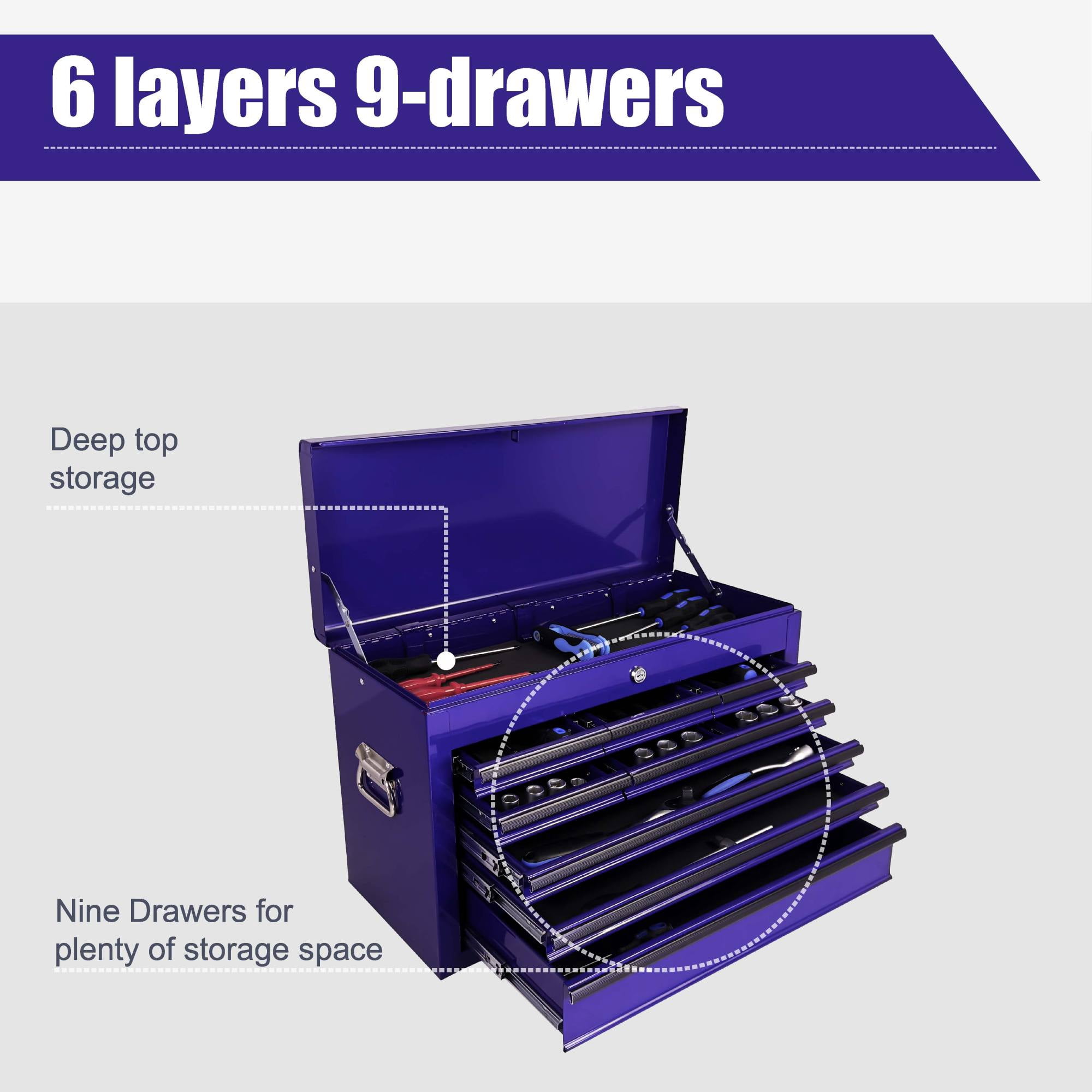 Heavy Duty Metal Tool Box,24 Inch Portable Tool Chest with 9 Drawers, Ball Bearing Slide Drawers with Auto-Locking System, Lockable Top Box Tool Organizer for Garage, Workshop, Truck,Purple
