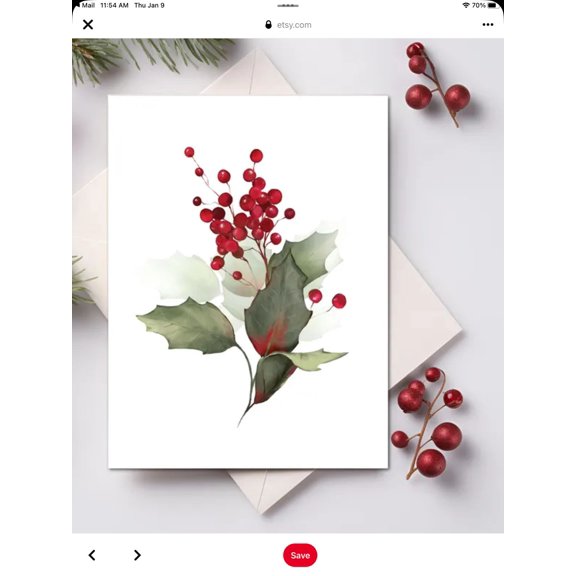 Elegant Christmas Holly Card – Beautiful Watercolor Design with Red Berries – Blank Inside – Perfect for Holiday Greetings and Seasonal Wishes