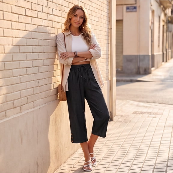 Women's Wide Leg Baggy Cropped Jeans with Elastic Waist Pull On Lightweight Fit Capri Pants with Pockets
