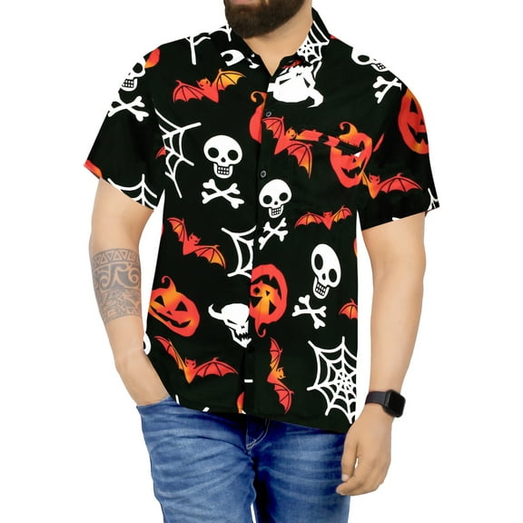 HAPPY BAY Men's Button Down Short Sleeve Summer Caribbean Party Shirt Fashion Halloween Costumes Hawaiian Shirts for Men L Ebony Cobweb Skulls Webs