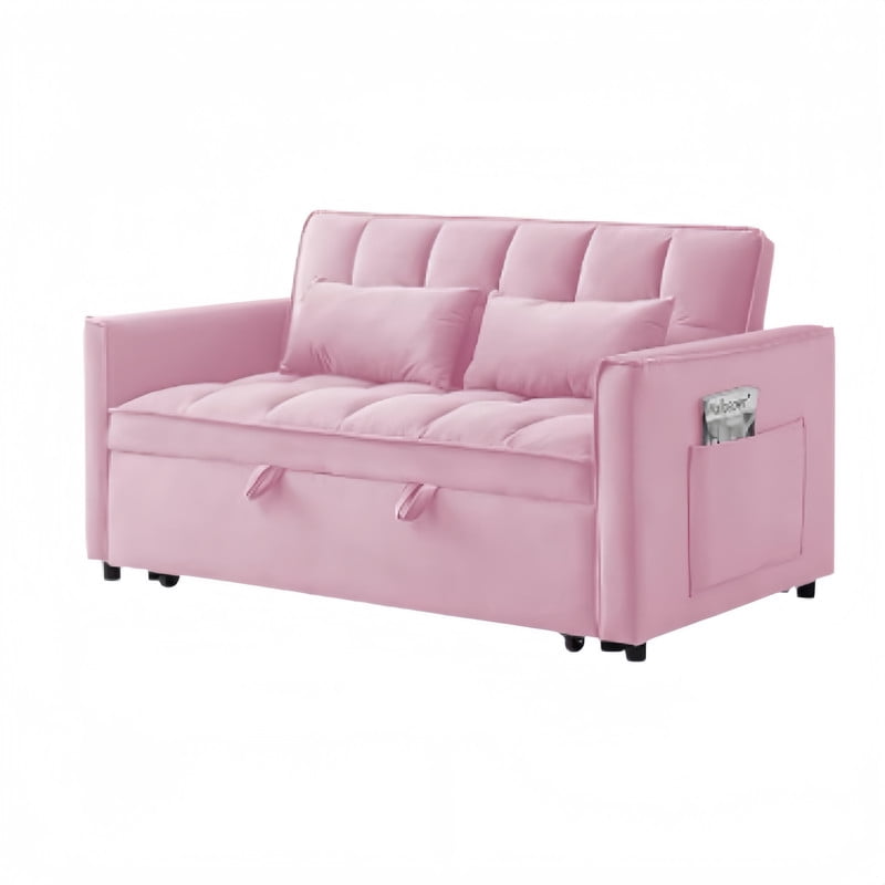 3 in 1 Convertible Sleeper Sofa Bed, 55" Modern Loveseat Pull Out Couch with Adjustable Reclining Backrest & Side Pockets, Velvet Loveseat for Living Room