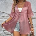 thumbnail image 2 of Youyipin Womens Tops Womens Tie Front Lace Tops Summer Sheer Ruffle Elbow Sleeve Cardigan Shirts Flowy Beach Vacation Cover Up Blouses Spring Tops For Women, 2 of 5