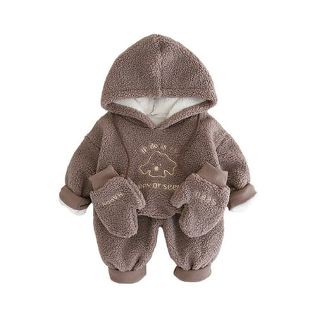 

Odeerbi Toddler Girls Thermal Fleece Outfits Fall Winter Plus Velvet Suit with Gloves Color Matching Thickened Cotton Two-piece Set Cute Children s Suit Brown 1-2 Years