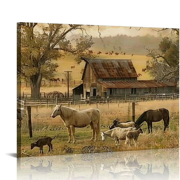 COMIO Farm Animal Wall Art Country Rustic Old Barn Pictures Wall Decor Canvas Print Farmhouse Western Landscape Painting Home Artwork for Bathroom Living Room Bedroom Office Framed