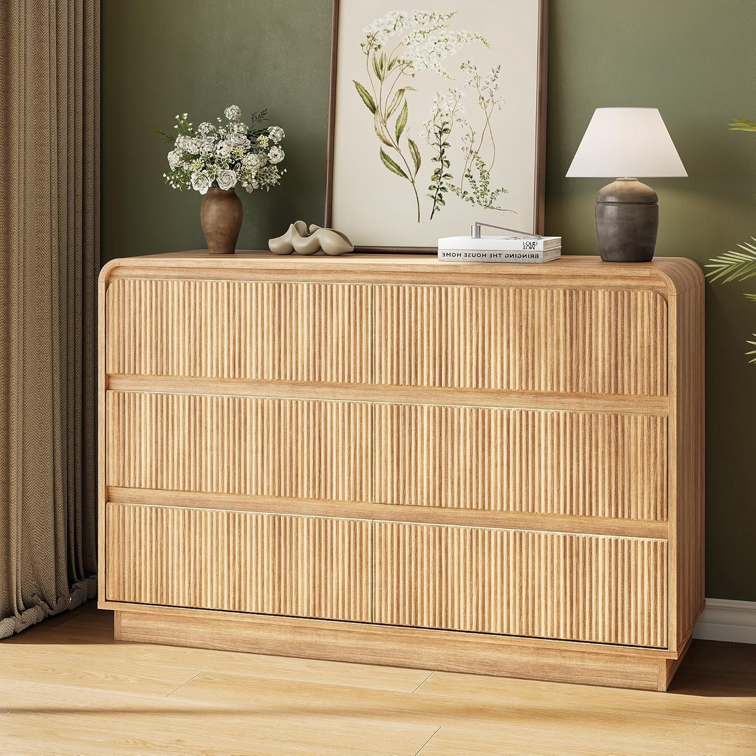 Akaber 6 Drawer Dresser for Bedroom, Fluted Tall Dresser 48" Wide Handleless Chest of Drawers with Rounded Corners, Modern Wood Dresser, Organizer Storage, Natural Oak