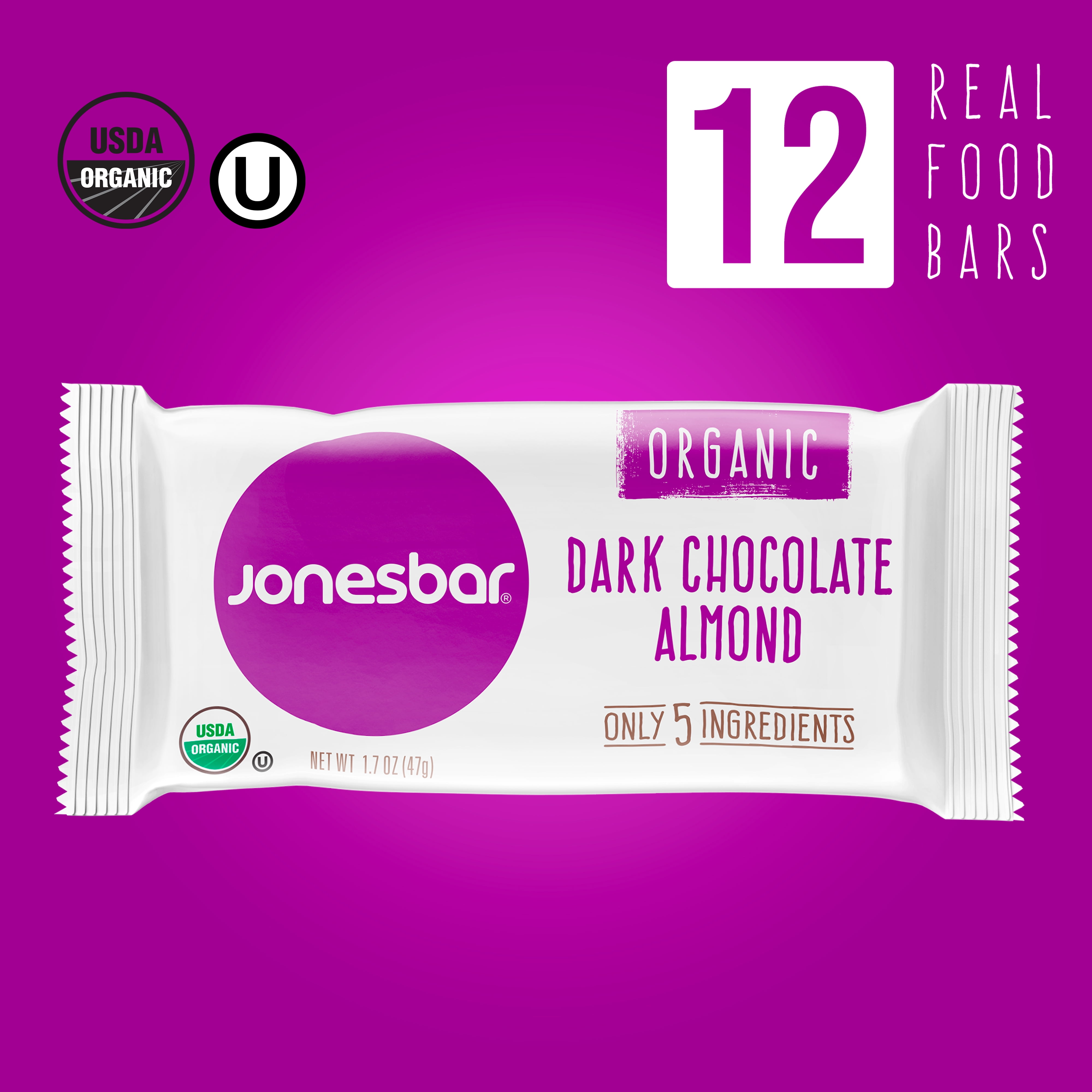 Organic Dark Chocolate Almond Fruit & Nut Bar, Jonesbar, Certified Organic & Kosher, Gluten Free, Vegan, 12 Count (Pack of 1)