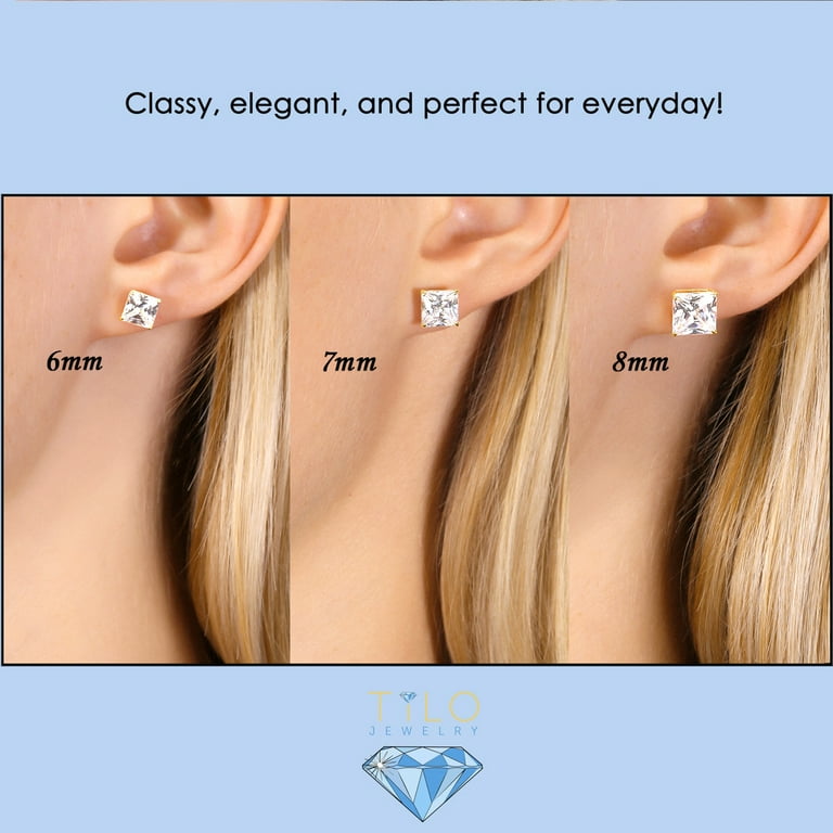 Tilo Jewelry 14k Yellow Gold Princess Cut Square CZ Stud Post Earrings with Secure Push Backs 8MM Women Men Unisex