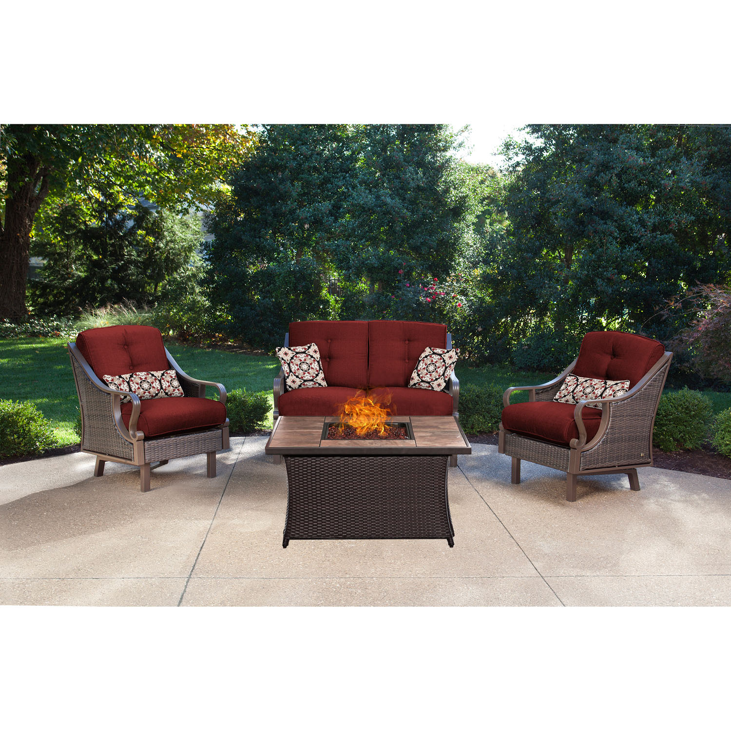 Hanover Ventura 4 Pcs Wicker and Steel Propane Fire Pit Chat Set, Crimson Red - image 3 of 11