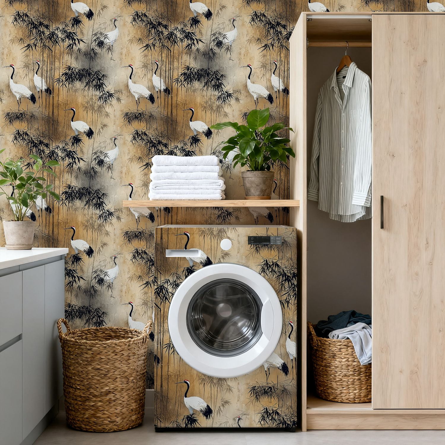 Peel and Stick Wallpaper Elegant Crane Birds Bamboo Forest Soft Earth Tones Wall Mural 17.7in x 9.8ft Self Adhesive Removable Wall Paper Renter Friendly Wallpaper for Nursery Bedroom Cabinets