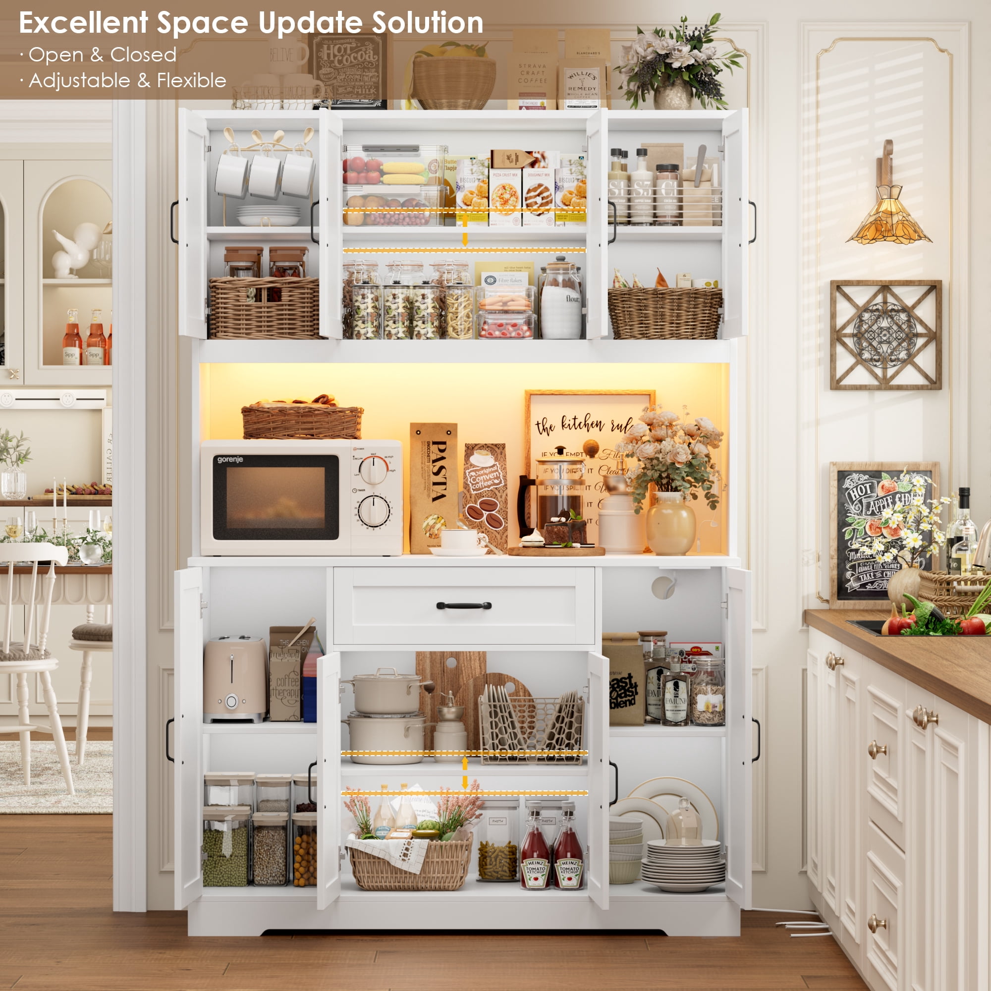 Homfa 70'' Tall Kitchen Pantry Cabinet with Charge Station & Led Light, 8 Door Hutch Storage Cabinet with Storage Drawer & Adjustable Shelves & Microwave Stand, White