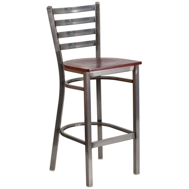 HERCULES Series Clear Coated Ladder Back Metal Restaurant Barstool - Mahogany Wood Seat