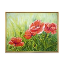 Designart 'Red Blossoming Poppies Over Wild Green III' Traditional Framed Canvas Wall Art Print