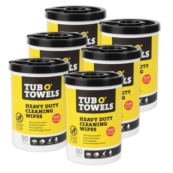 Tub O' Towels TW90 Heavy-Duty 10" x 12" Size Multi-Surface Cleaning Wipes, 90 Count Per Canister, 6 Pack