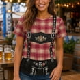 thumbnail image 2 of XIAOCHA Reddish Plaid Oktoberfest Suspender Graphic T Shirt For Women Crew Neck Short Sleeve Party Top, 2 of 7