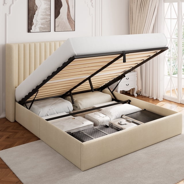 Einhomn Full Size Lift Up Storage Bed With Wingback Headboard, Upholstered Platform Bed Frame With Hydraulic Storage, Linen Fabric, No Box Spring Needed,Beige
