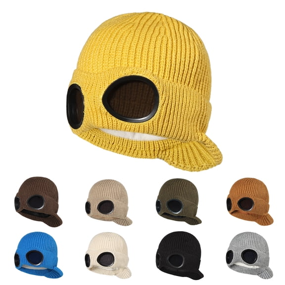 Nooxsoe Unisex Winter Ski Beanie Hat with Goggles-outdoor Knit Beanie Hat Goggle Knitted Beanie, Windproof Warm Winter Skull Cap Green One Size
