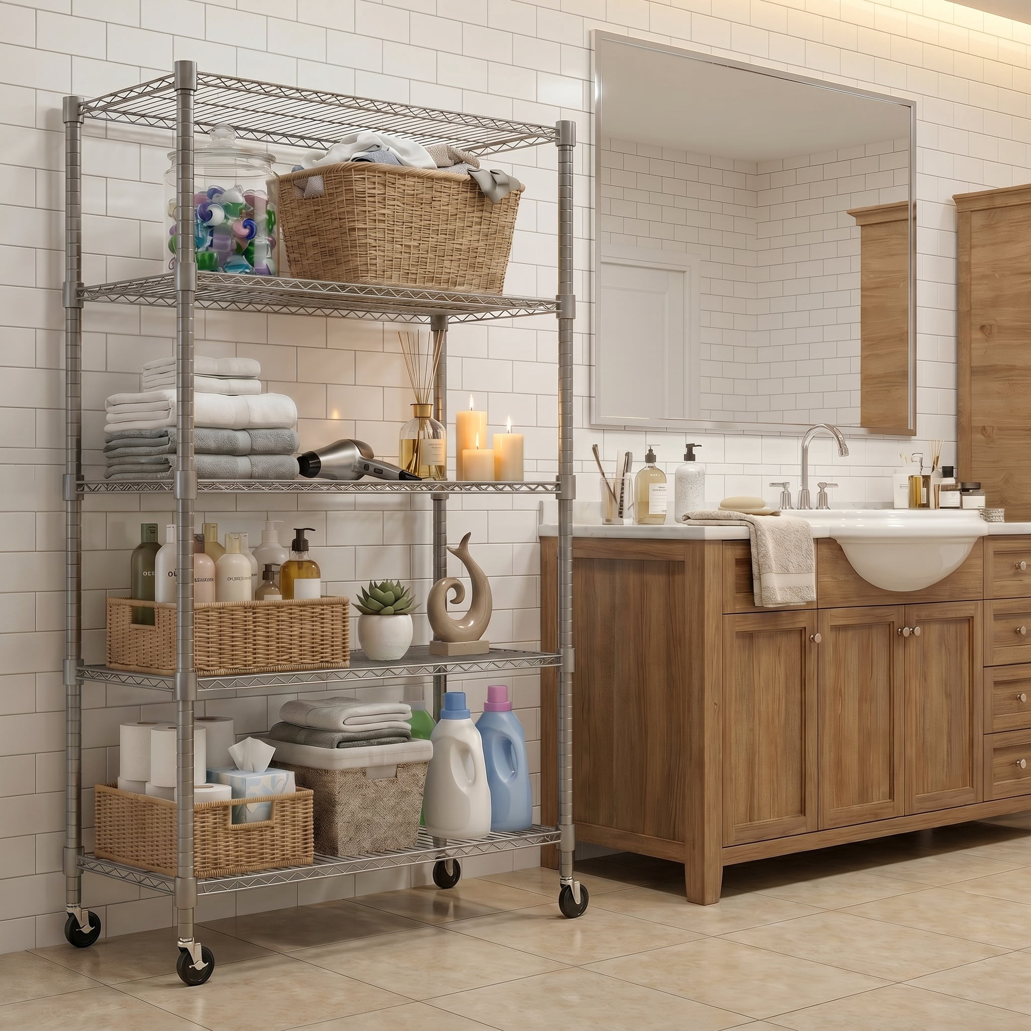 Legooin 18x36x82 inch Metal Wire Shelving Unit 5-Tier Storage Rack with Wheels Utility Shelf for Home Industrial Storage 2000lbs Load Capacity, Silver