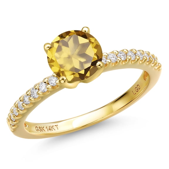 Gem Stone King 14K Yellow Gold Champagne Quartz and Lab Grown Diamond Engagement Ring for Women | 1.41 Cttw | Round 7MM | Gemstone Birthstone | Size 5