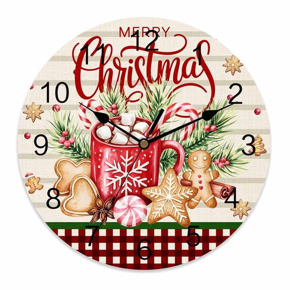 Wall Clock 14 Inch Merry Christmas Round Silent Decorative Wall Clocks Battery Operated for Living Room Bedroom Kitchen Classroom Decor, Vintage Christmas Decorations Plaid,Large
