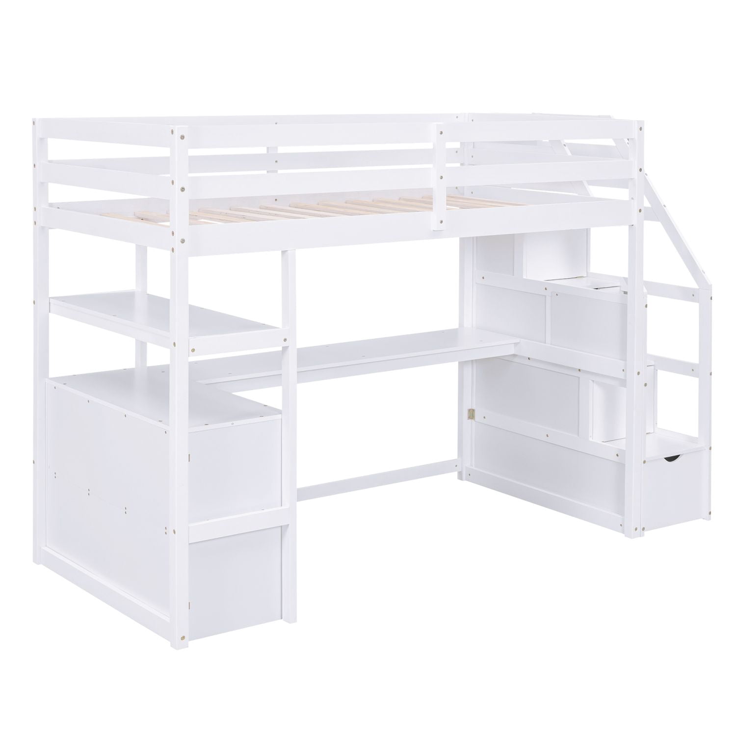 Asteroutdoor Twin Size Loft Bed with Desk and Shelves, Two Built-in Drawers, Storage Staircase, White