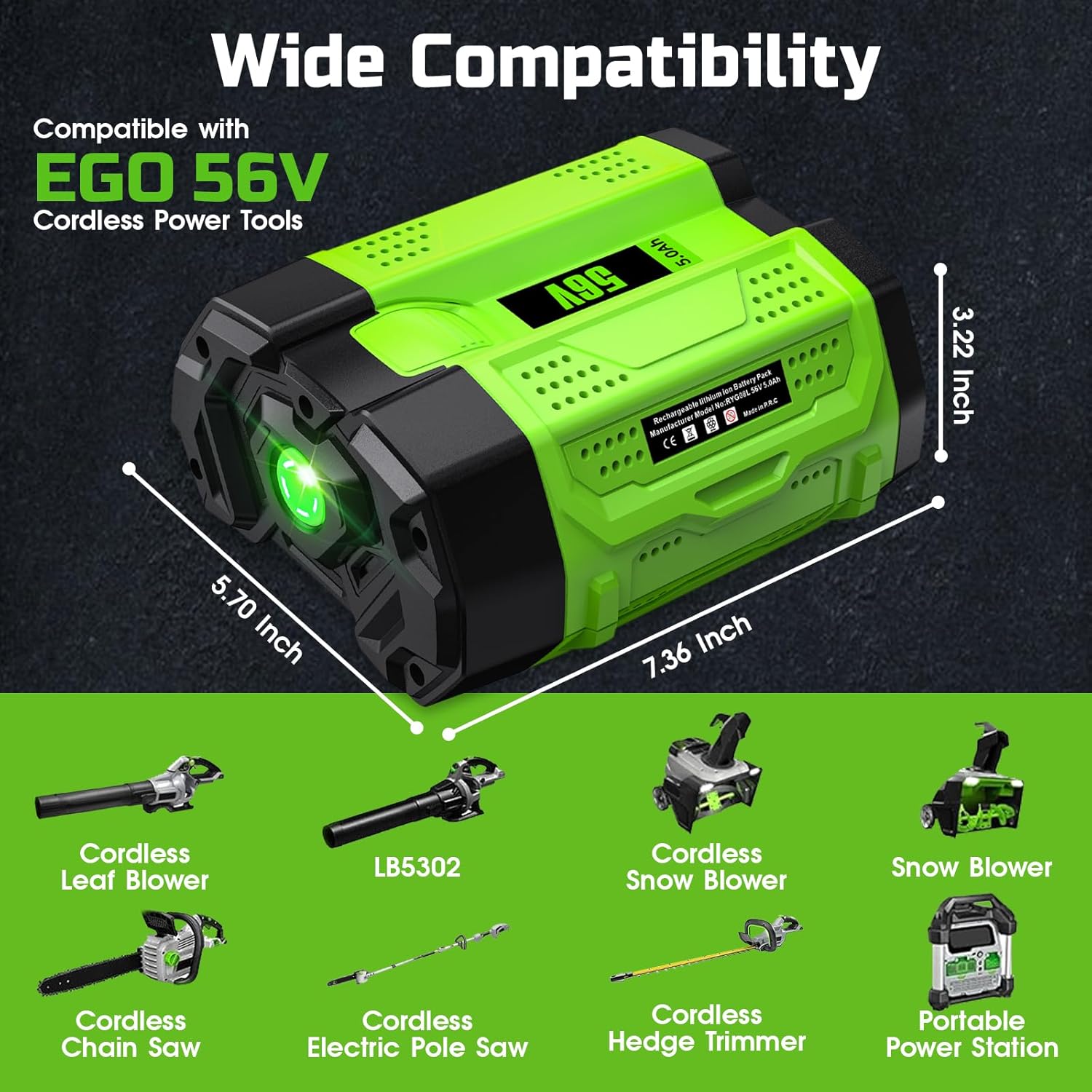 Replace for EGO 56V 5.0Ah Battery and Charger BA2800 BA4200 BA1400, Compatible with EGO All 56V Power+ Tools Lawn Mower Leaf Blower Chainsaw ST1511T LB7654 ST1623T