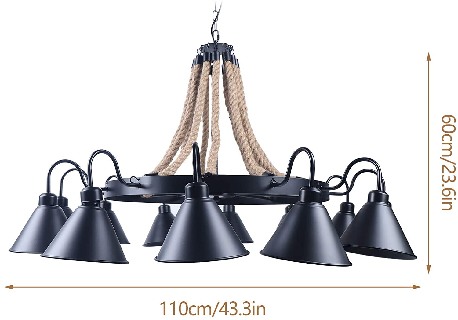 Miumaeov 12 Lights Industrial Rustic Chandelier Rope Pendant Light Farmhouse Round Wagon Wheel with Metal Shade Pendant Lighting Fixture for Dinning Room Kitchen Island
