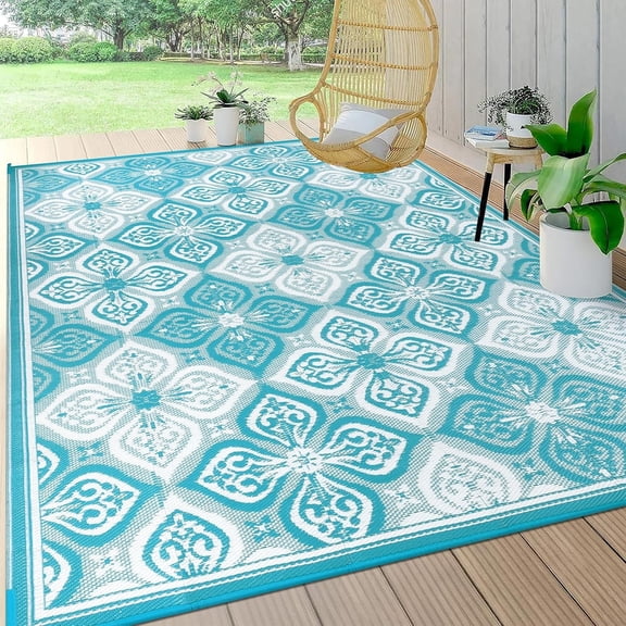 Waterproof Outdoor Rug 9x12, Reversible Plastic Straw Patio Camping Rug, Indoor Outdoor RV Mat Carpet for Deck, Camper, Porch, Balcony, Backyard, Picnic, Clover Teal