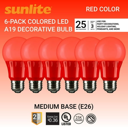 

Sunlite LED A19 Colored Light Bulb 3 Watts (25w Equivalent) E26 Medium Base Non-Dimmable UL Listed Party Decoration Holiday Lighting Red 6 Pack