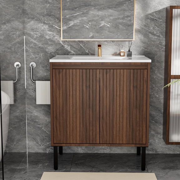 Demi Bonn 30 Inch Bathroom Vanity with Sink - Floor - standing, soft - closing drawers, oak finish, ceramic sink, stable & spacious, white.