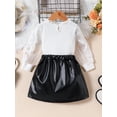 thumbnail image 6 of Aojekbee Kids Girl Fall Outfits Flower Embroidery Mesh Long Sleeve Tops and PU Leather Mini Skirts 2Pcs Clothes Set, 6 of 10