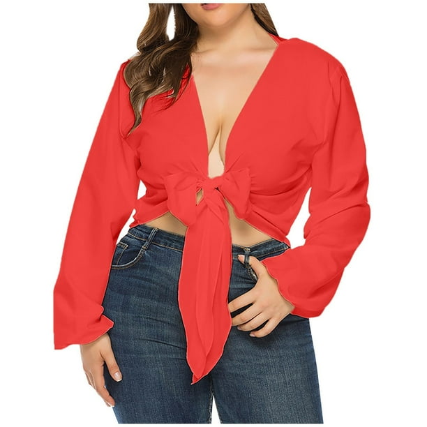 Tops Para Mujer Blusas Casuales Elegantes Camisas de Manga Larga Cordones de Moda Cuello en V Color Sólido Odeerbi ODB155046