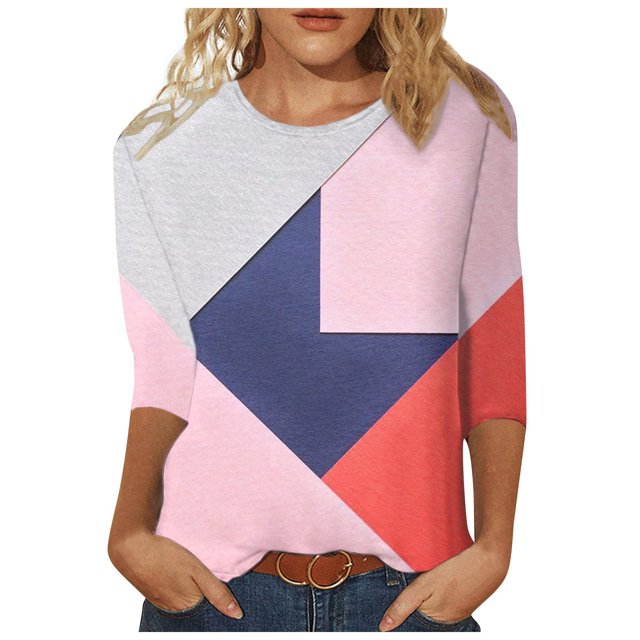 ZVAVZ Tuniques à Manches 3/4 pour Femmes, Hauts à Manches 3/4 pour Femmes, T-Shirt Graphique à Imprimé Géométrique Tendance Décontracté Chic pour Dames, Chandail Col Rond d'Été Automne, Blouses Blanches Décontractées pour Affaires Grande Taille