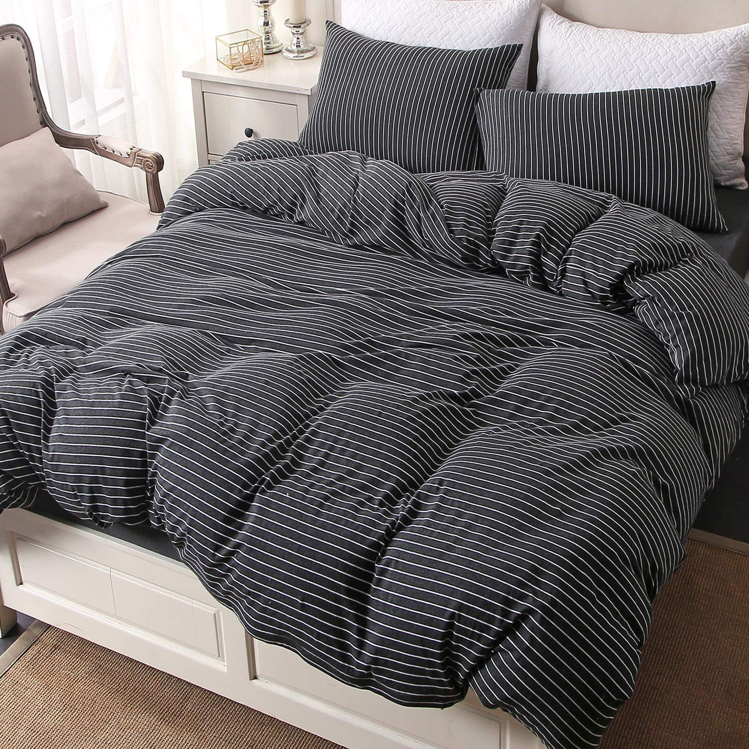 PURE ERA Duvet Cover Set - Ultra Soft Heather Jersey Knit Cotton Home Bedding Narrow Pinstripes 