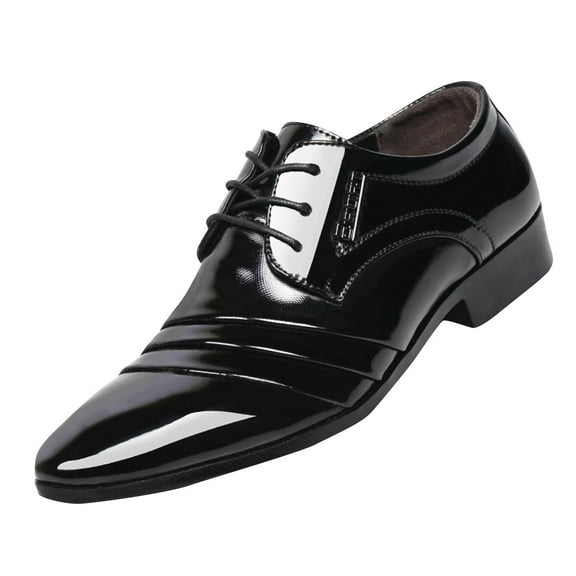 Xfvqtps Mens Dress Shoes British Style Wrinkle Design Pointy Toe Lace up Soft Sole Breathable Comfortable Fashion Embossing Classic Formal Business Casual Patent Leather Shoes Black