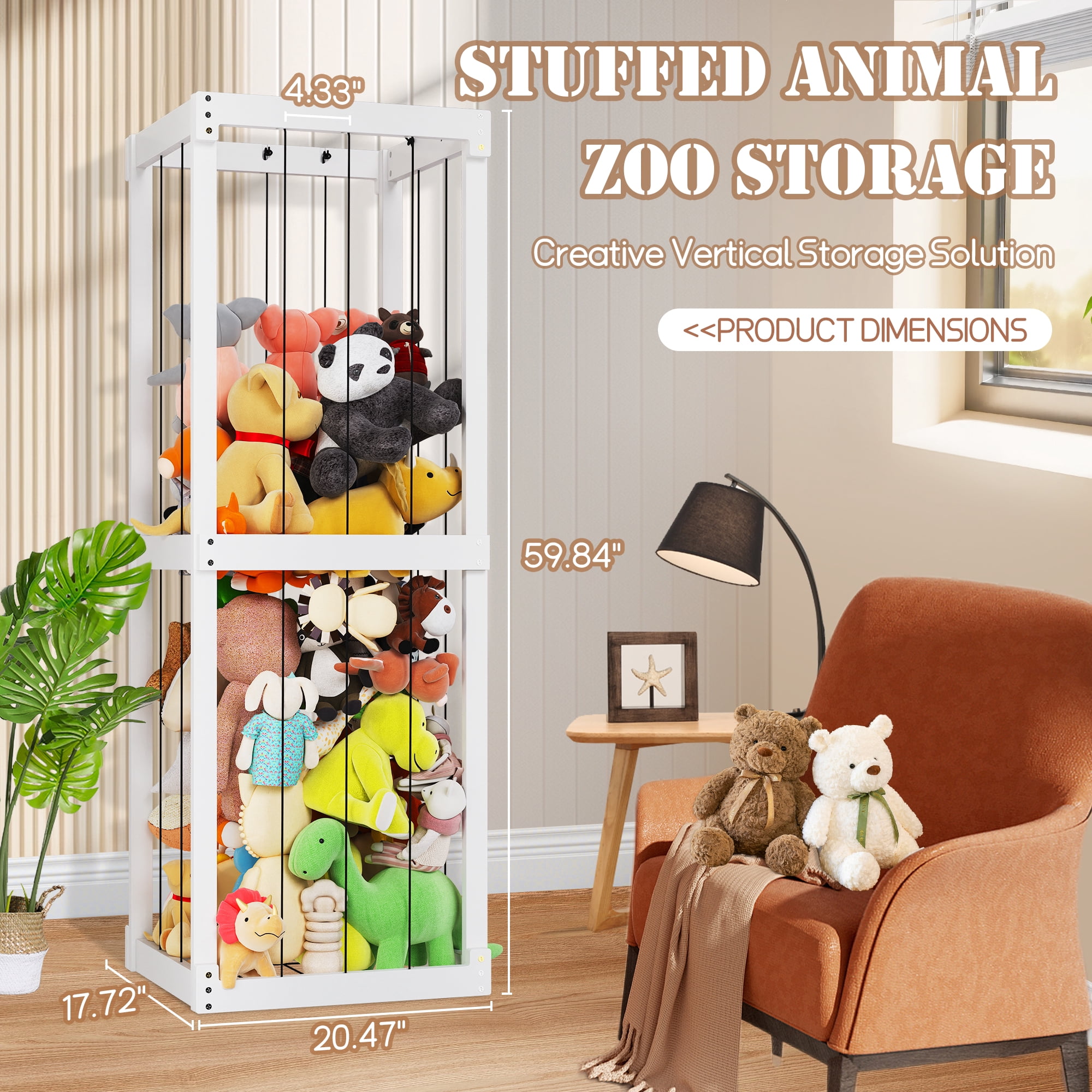 Peekabu Extra Large Stuffed Toy Storage, Stuffed Animal Holder Wooden Plush Storage, Organizer Shelf with Elastic Band for Birthday Gift for Toddler & Kid, Bedroom Decor Corner