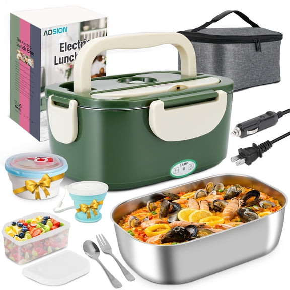 1.5L Electric Lunch Box for Work & Car, Portable Heated Lunch Box with Insulated Bag, Stainless Steel Container, Folding Bowl & Cup