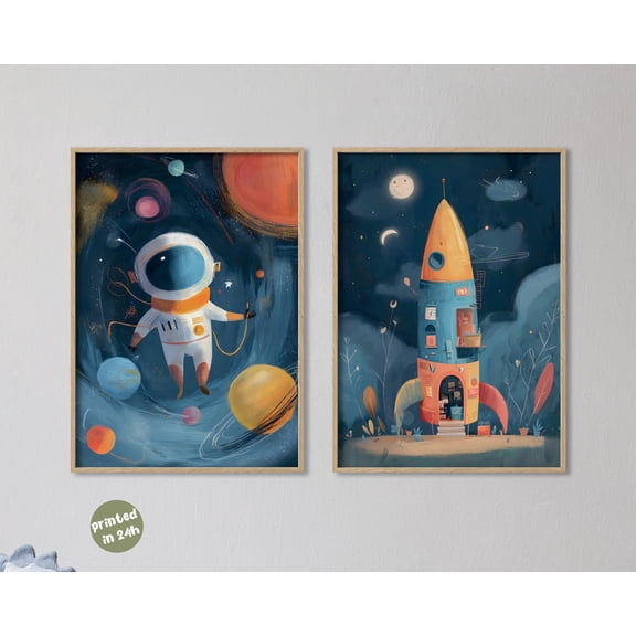 Space Nursery Art Set of 2 I Astronaut Floating & Rocket House I Whimsical Kids Room Wall Art I Dreamy Galaxy Prints I Modern Nursery Decor, Poster Only