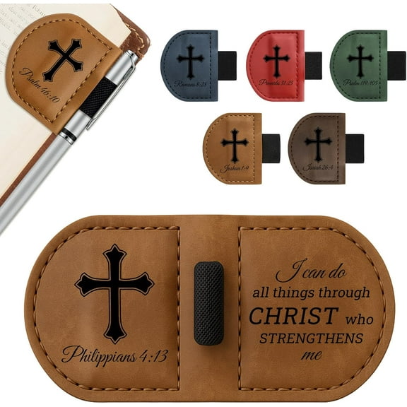 1Pcs Bygone Mark Personalized Magnetic Leather Bookmark with Pen Holder - Inspirational Bible Verse Scripture Design, Custom Book Marker for Book Lovers Men Women (Brown-Philippians 4:13)