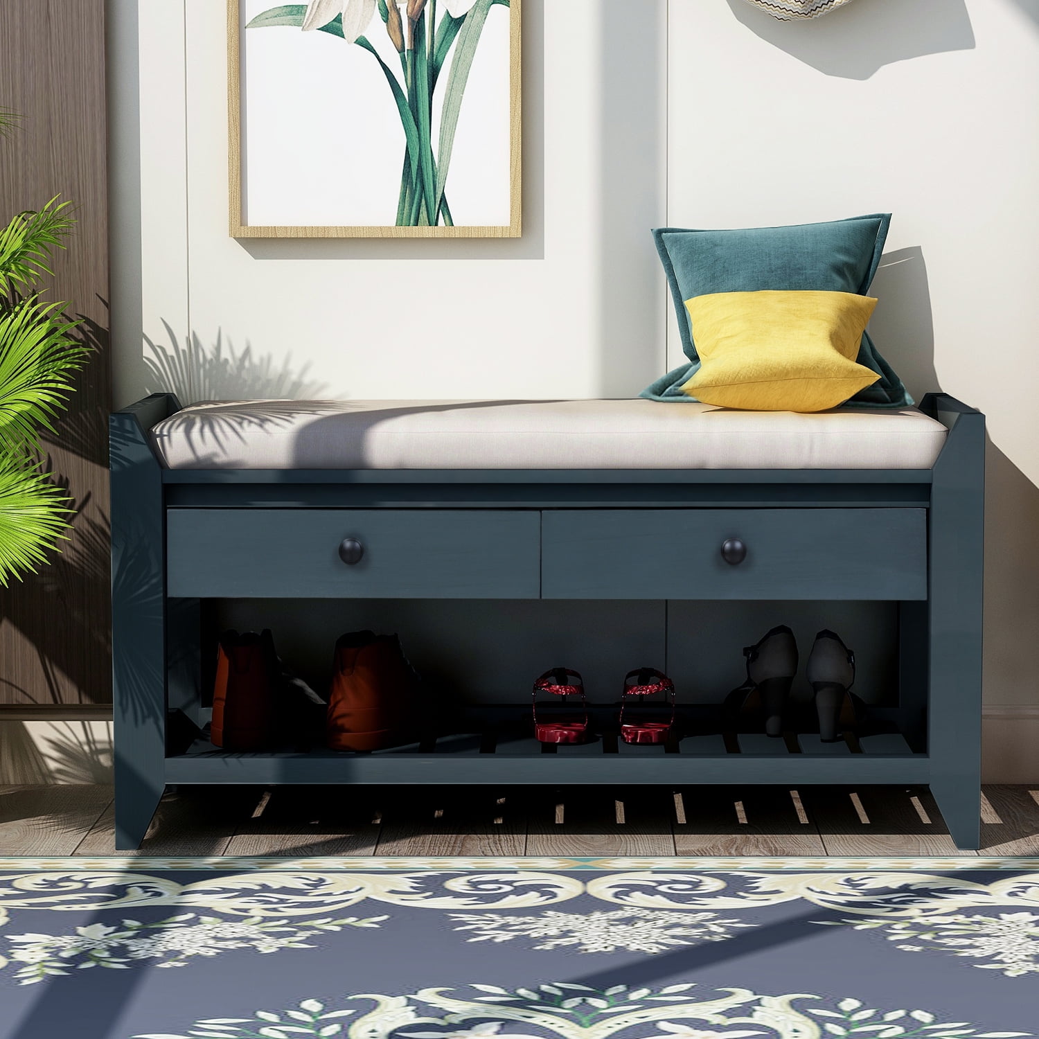 Harper & Bright Designs Shoe Rack with Cushioned Seat and Drawers, Multipurpose Entryway Storage Bench, Antique Navy