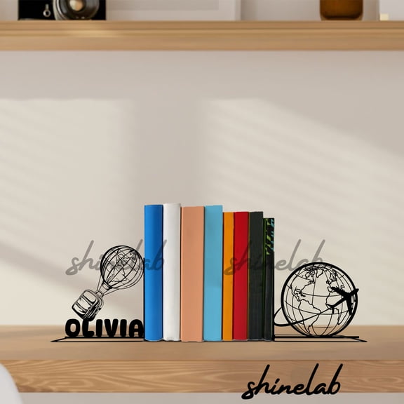 Shinelab World Traveling Metal Bookends, Adventure Office Decor, Book Lovers Gift 12880