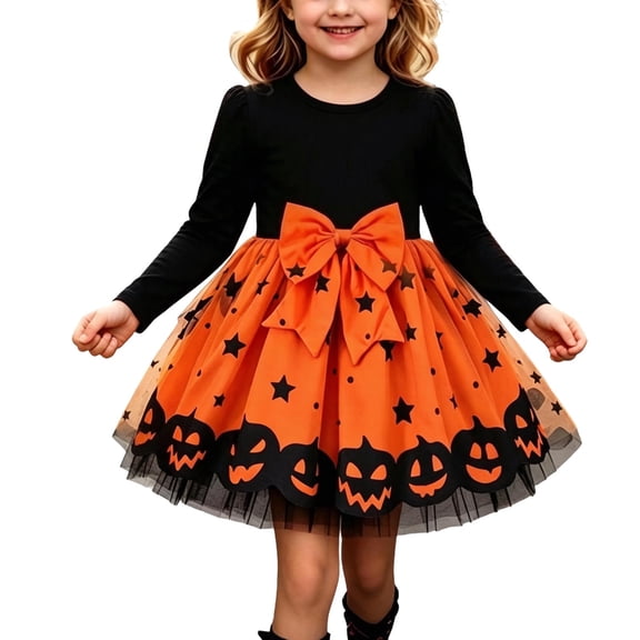 Virmaxy Girls Halloween Dress Color Block Star Print Pumpkin Hem Tulle Skirt Puff Long Sleeve with Bow for Costume Party 2T-8T, Black
