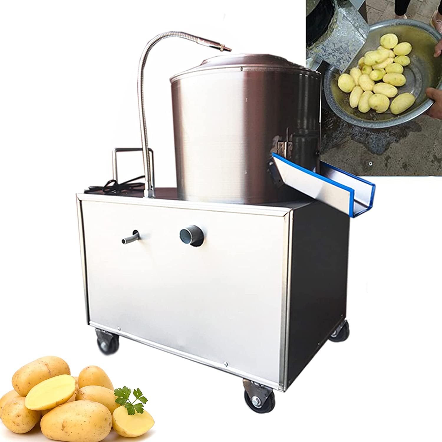 Ffps Commercial Potato Peeler 1500W 150-220KG / Hour Automatic Potato Washer Caster Wheels 430 Stainless Steel Electric Peeler for Kitchen Fruits
