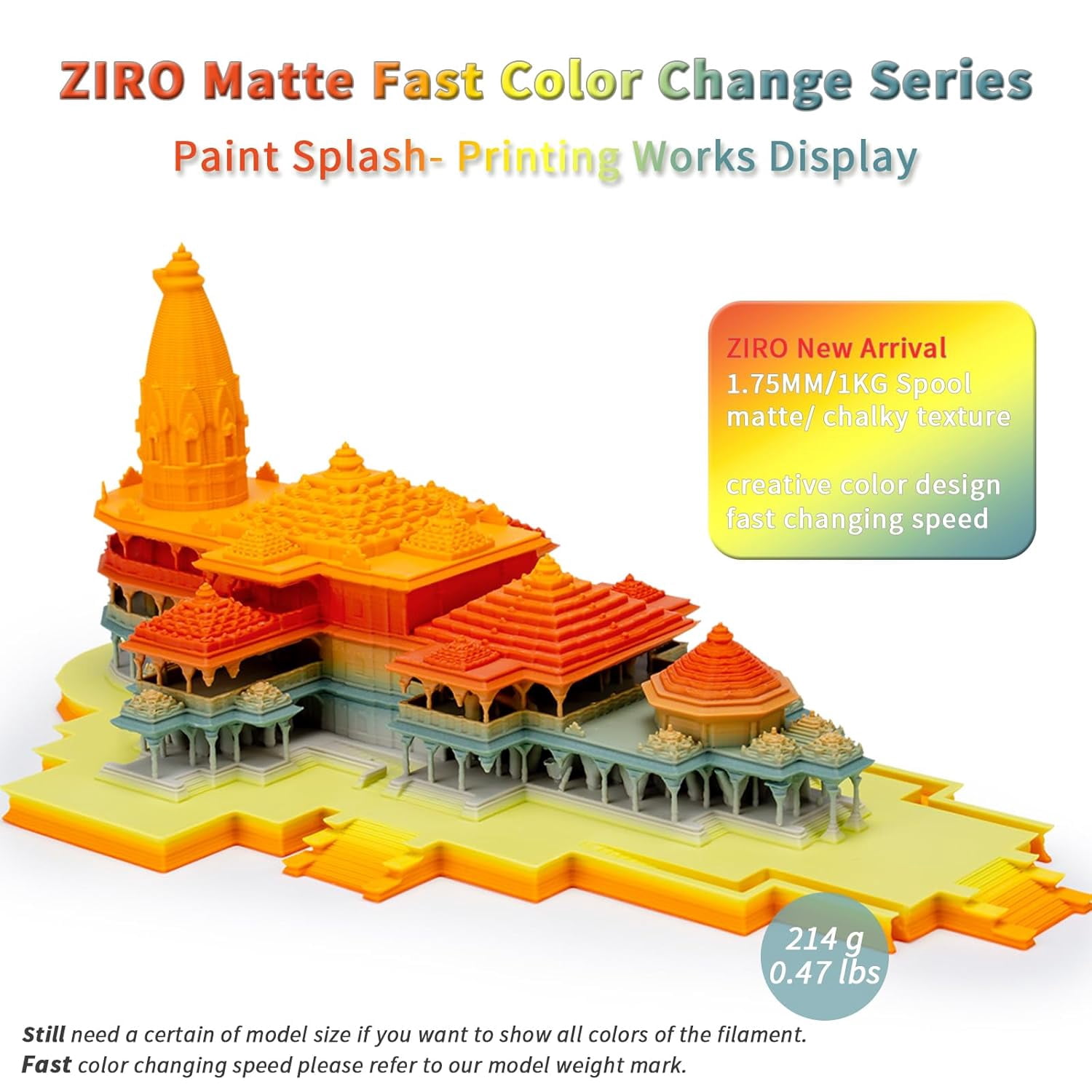 ZIRO 3D Printer Filament PLA, Fast Color Changing (Matte), Change by Length Fit Most FDM Printers, Matte Finish Rainbow Material 1KG/ 2.2lbs Spool, Paint Splash
