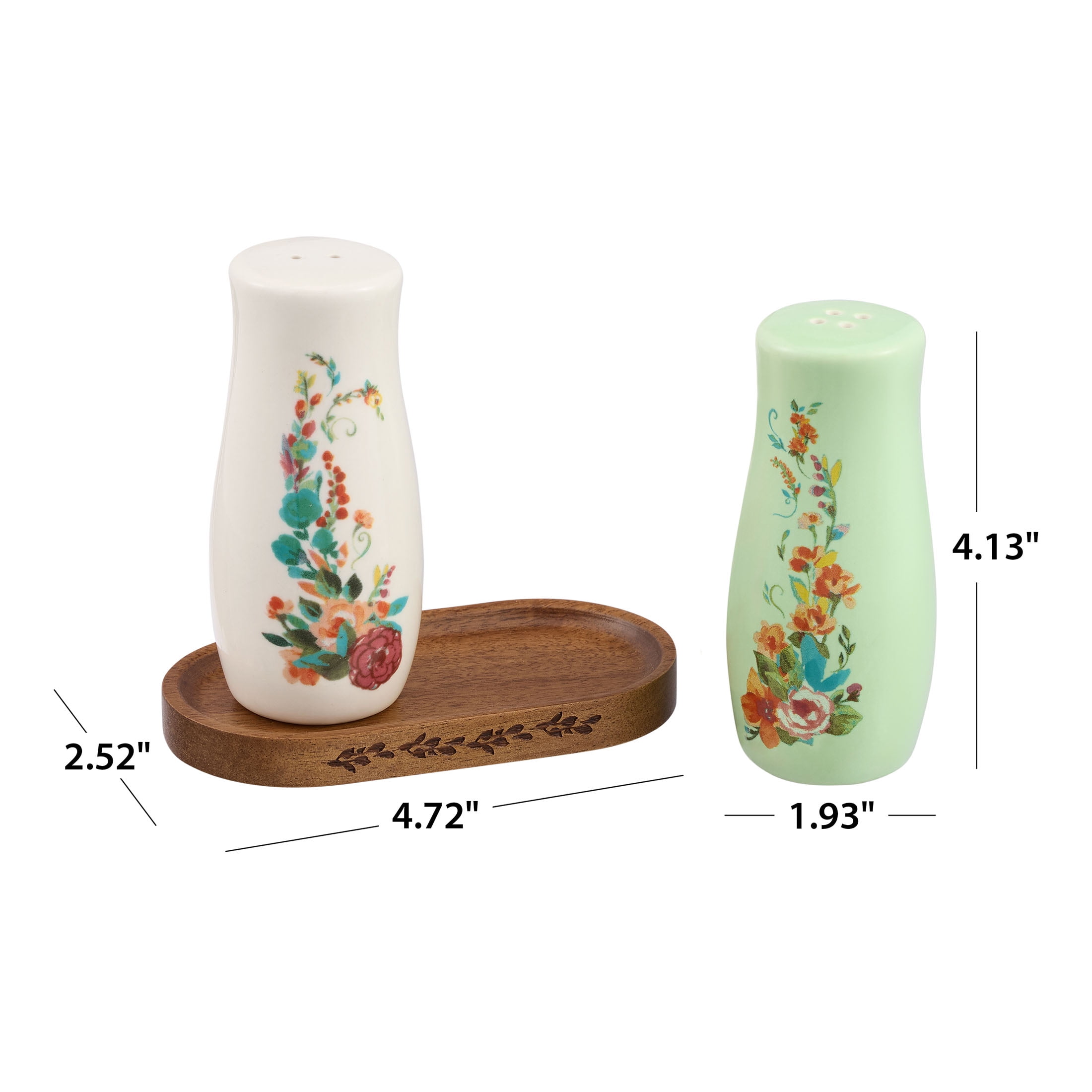 (8 pack) The Pioneer Woman Ceramic Painted Meadow 3 Pieces Salt & Pepper Shakers with Acacia Wood Tray Set, Made for Seasoning Storage and Serving