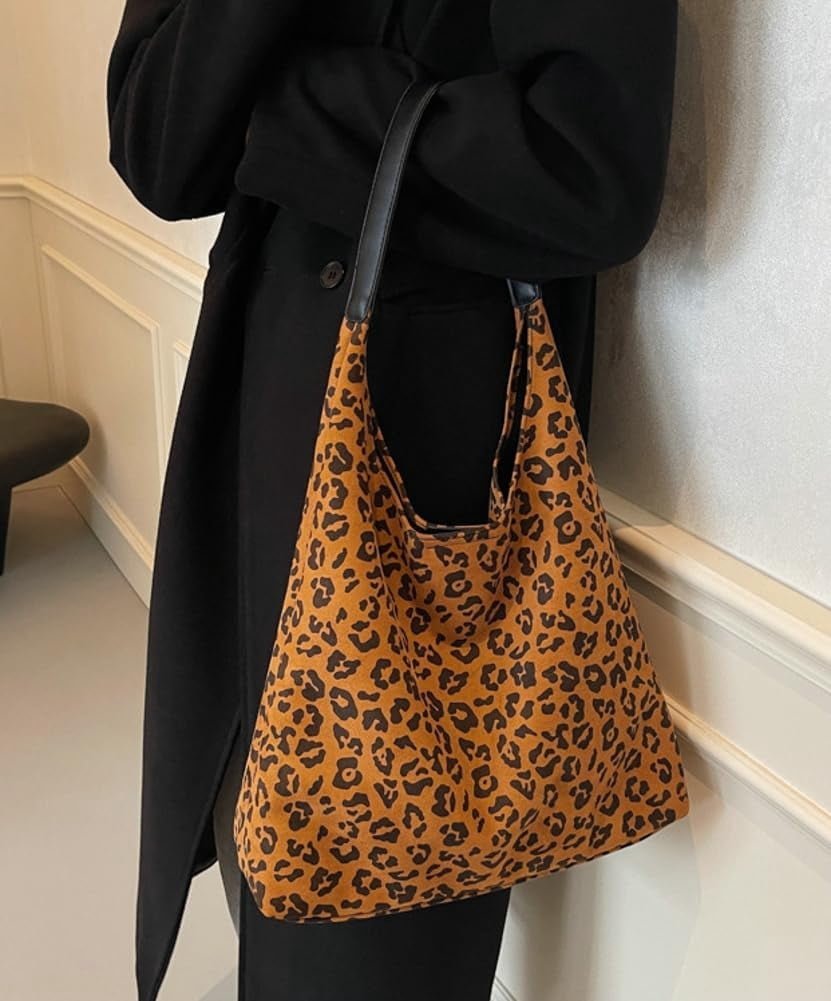 Zhengup Vintage Suede Tote Bag for Women Large Soft Shoulder Purse Leopard Print Handbag Casual Work Top Handle Satchel 2pcs