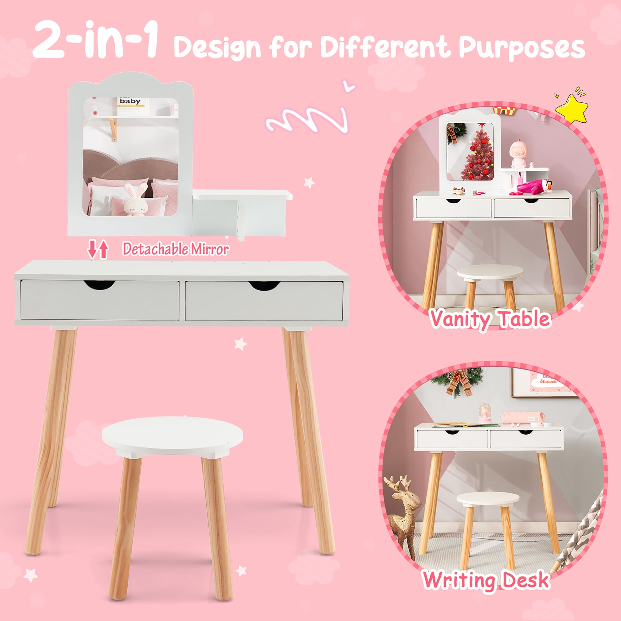 Costway Kid Vanity Table Chair Set with Mirror Large Storage Drawers Wooden Legs White