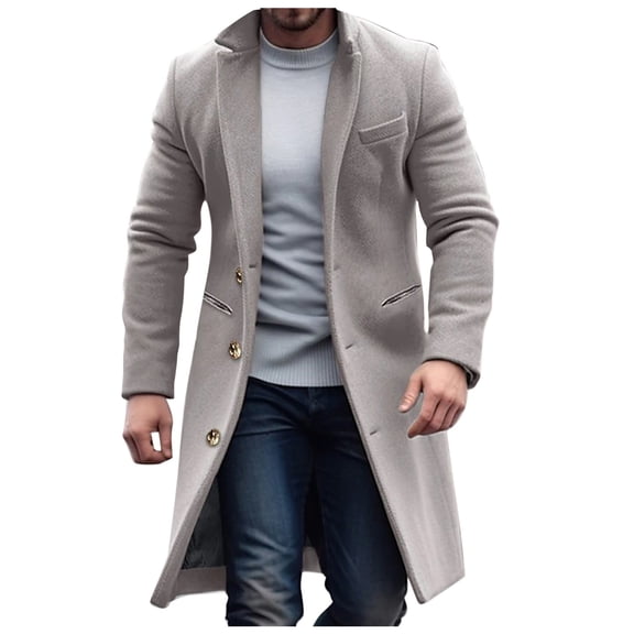 QHFBli Mens Double Trench Coat Men Solid Color Lapel Button Cardigan Mid Length Windbreaker Jacket Casual Loose Comfortable Grey XXXL